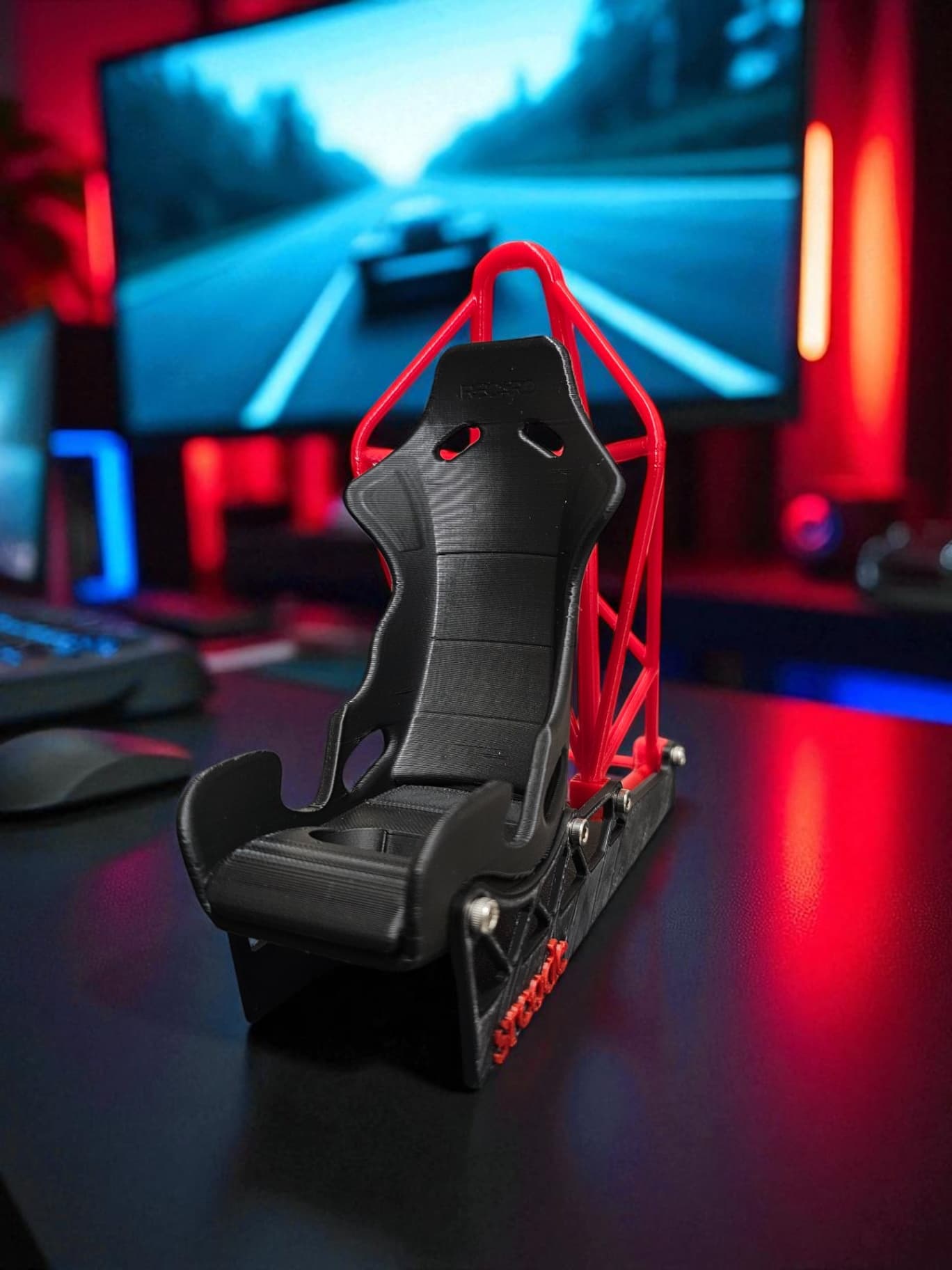 Racing Bucket Seat Phone Stand - Mobile Holder for Desk, Gaming Setup, Office - Car Seat Design with Support Frame