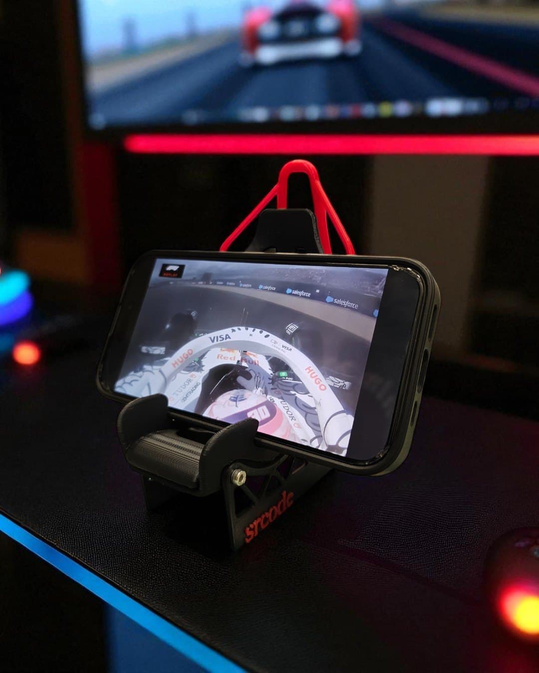 Racing Bucket Seat Phone Stand - Mobile Holder for Desk, Gaming Setup, Office - Car Seat Design with Support Frame 3